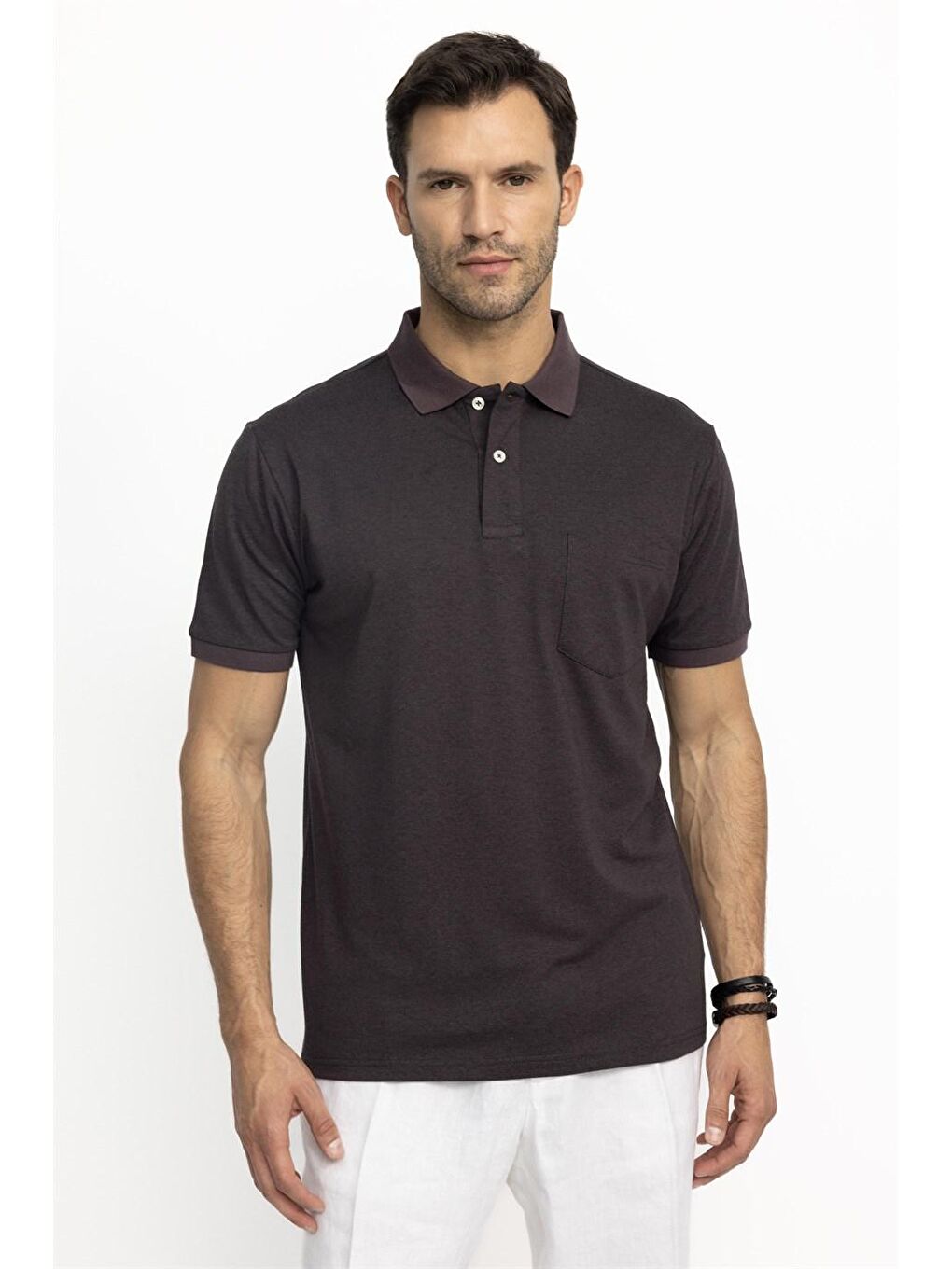 Kahverengi Erkek Polo Yaka Klasik Fit Düz Pamuklu Cepli Pike Kahve Tişört-1
