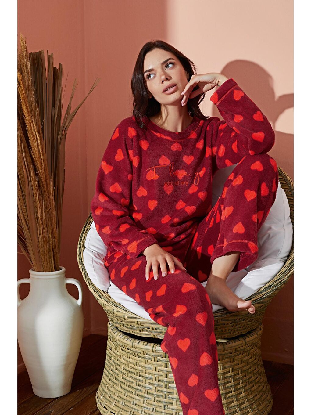 TAMPAP Kırmızı Kadın Kışlık Polar Pijama Takımı Desenli Peluş Takım  8890