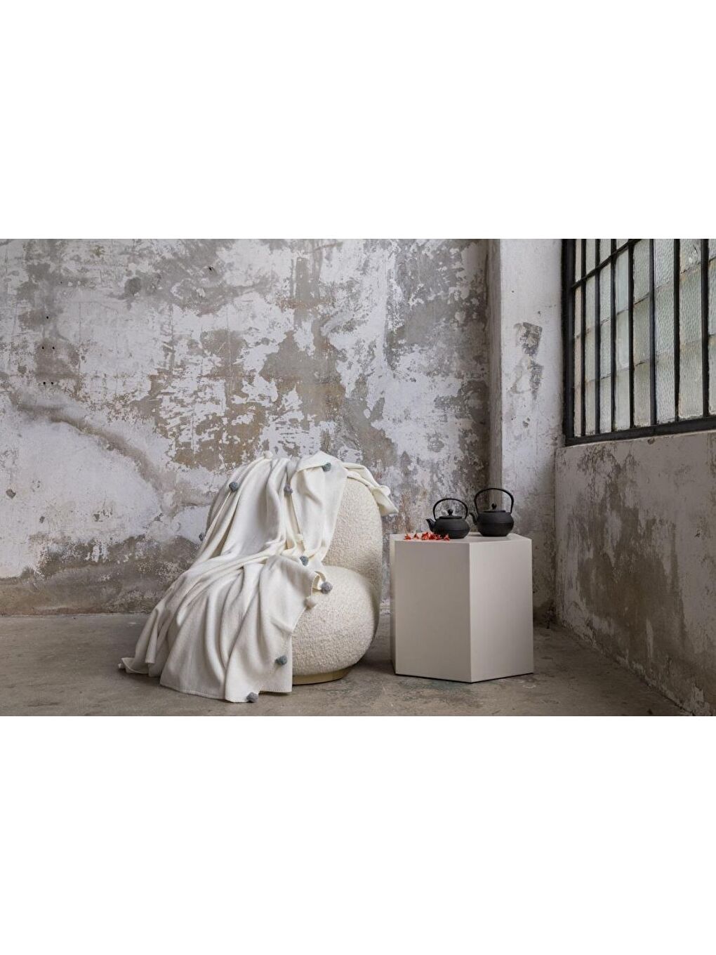 Ekru Çift Kişilik Ponponlu Pike Battaniye 200x220 Krem-4