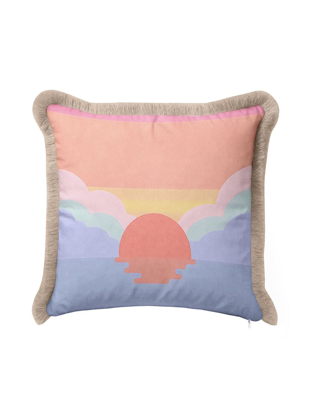 Karışık Pastel Günbatımı Saçaklı Yastık Kılıfı - Soft Sunrise Bohem Gri Püsküllü Kırlent Kılıfı