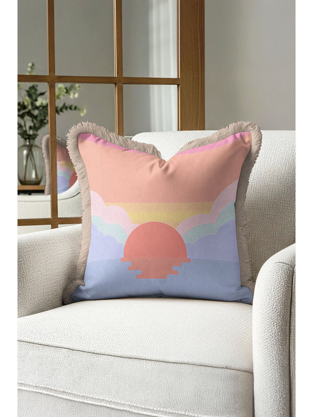 Karışık Pastel Günbatımı Saçaklı Yastık Kılıfı - Soft Sunrise Bohem Gri Püsküllü Kırlent Kılıfı-1