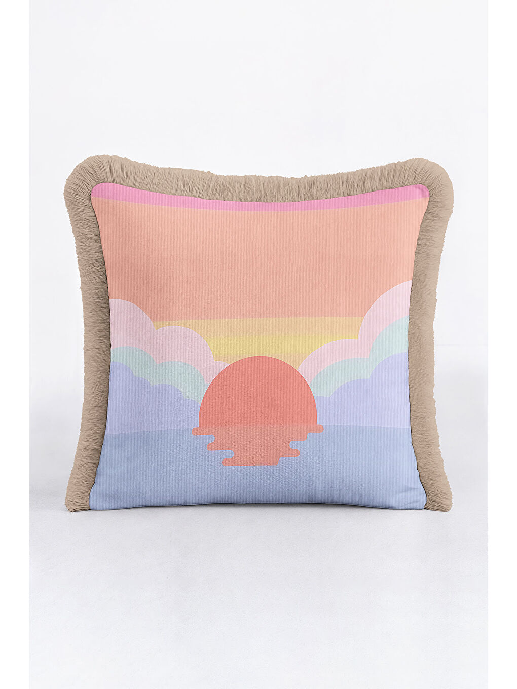 Karışık Pastel Günbatımı Saçaklı Yastık Kılıfı - Soft Sunrise Bohem Gri Püsküllü Kırlent Kılıfı-2