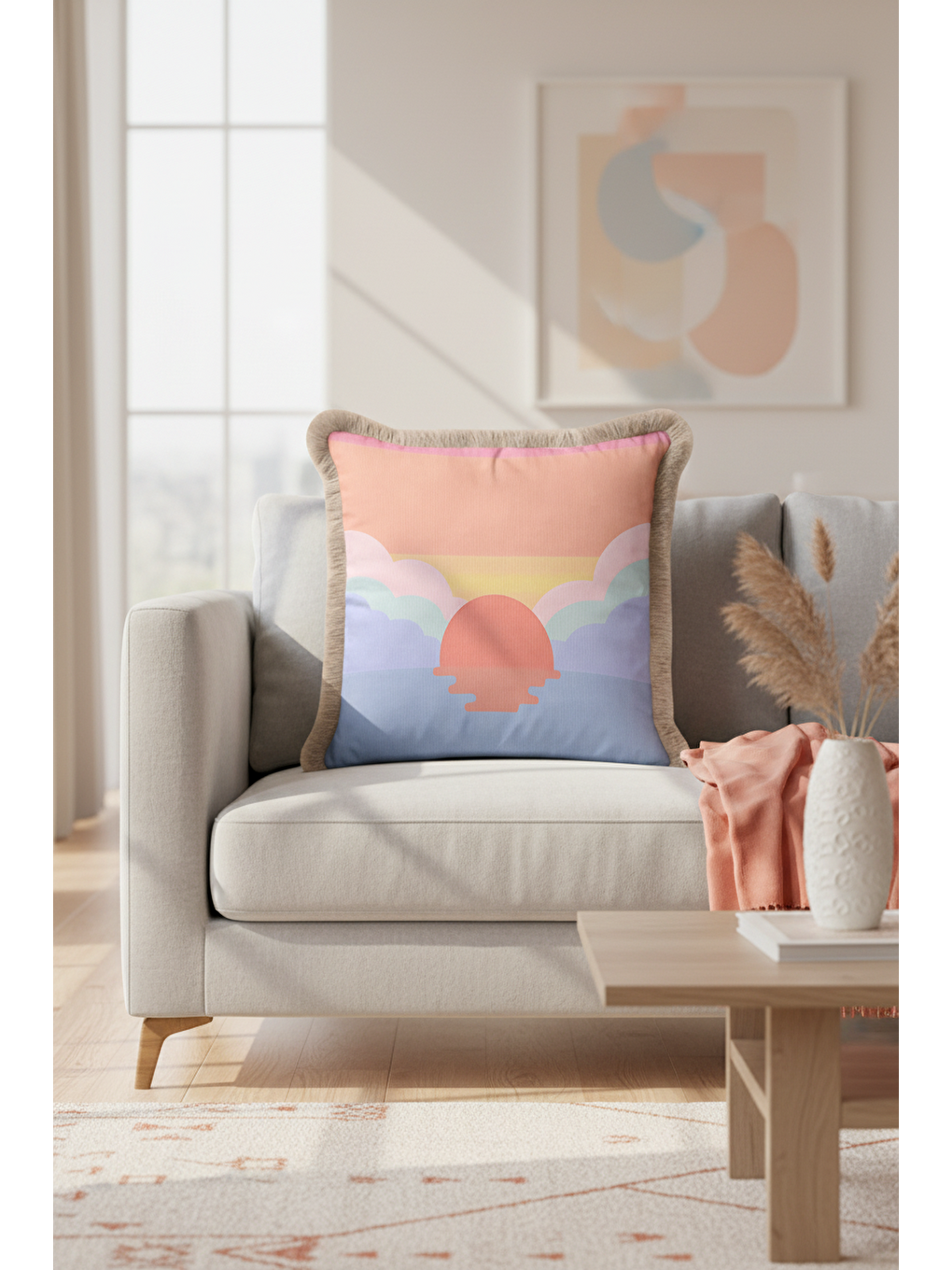 Karışık Pastel Günbatımı Saçaklı Yastık Kılıfı - Soft Sunrise Bohem Gri Püsküllü Kırlent Kılıfı-3