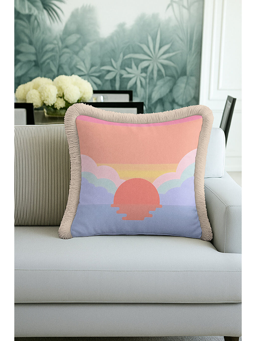 Karışık Pastel Günbatımı Saçaklı Yastık Kılıfı - Soft Sunrise Bohem Gri Püsküllü Kırlent Kılıfı-4