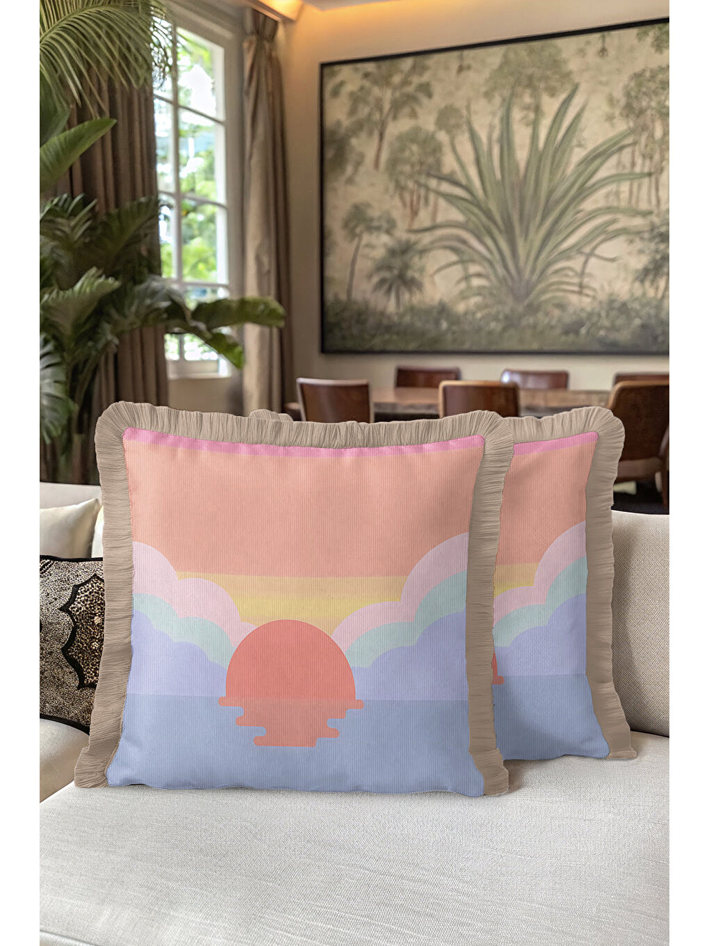 Karışık Pastel Günbatımı Saçaklı Yastık Kılıfı - Soft Sunrise Bohem Gri Püsküllü Kırlent Kılıfı-5