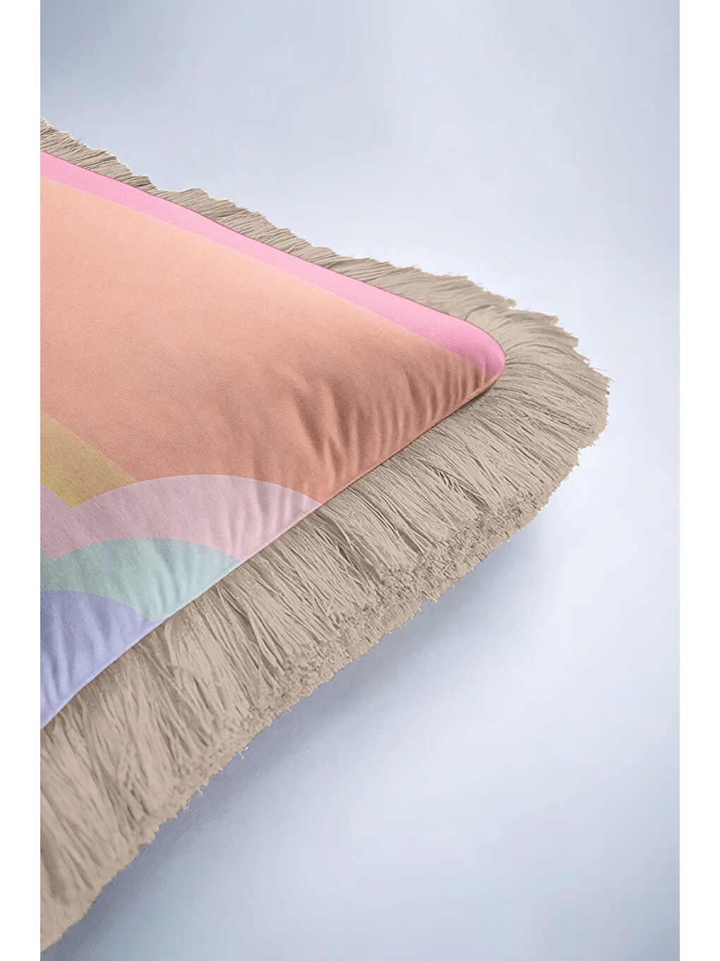 Karışık Pastel Günbatımı Saçaklı Yastık Kılıfı - Soft Sunrise Bohem Gri Püsküllü Kırlent Kılıfı-6