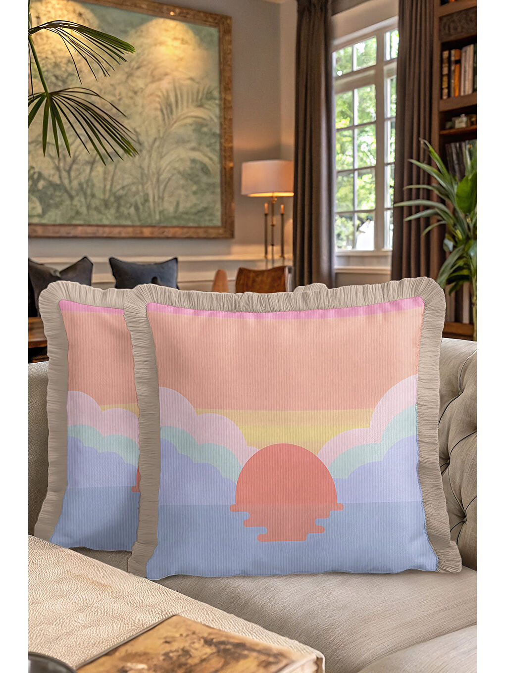 Karışık Pastel Günbatımı Saçaklı Yastık Kılıfı - Soft Sunrise Bohem Gri Püsküllü Kırlent Kılıfı-7