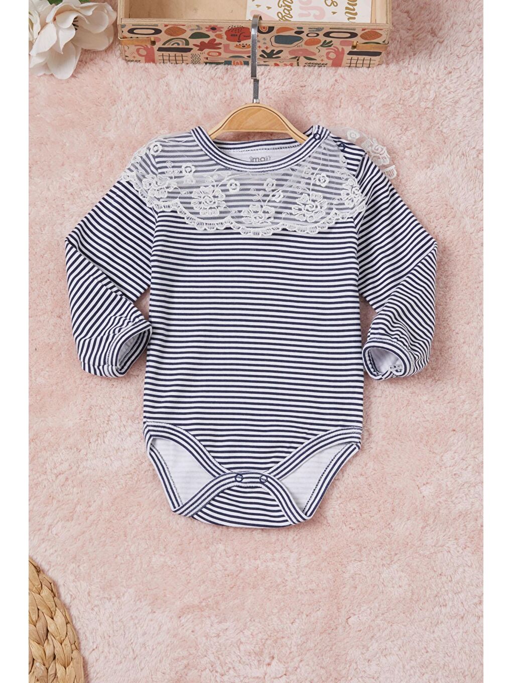 Lacivert Kız Bebek Dantel Yakalı Uzun Kol Çıtçıtlı Badi 16836