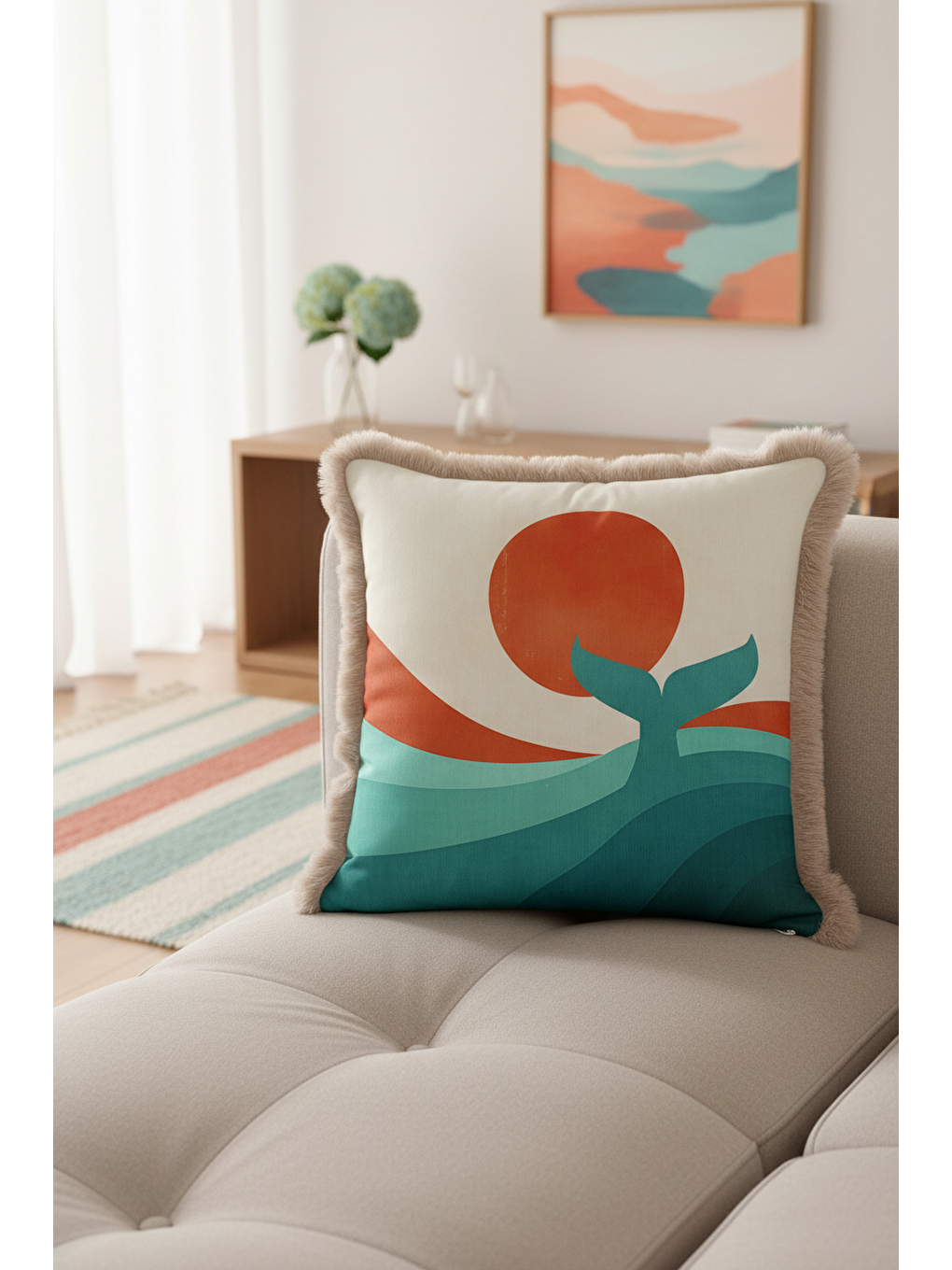 Karışık Soyut Doğal Dalgalar Saçaklı Yastık Kılıfı - Akdeniz Günbatımı Bohem Turkuaz Püsküllü Kırlent Kılıfı-2