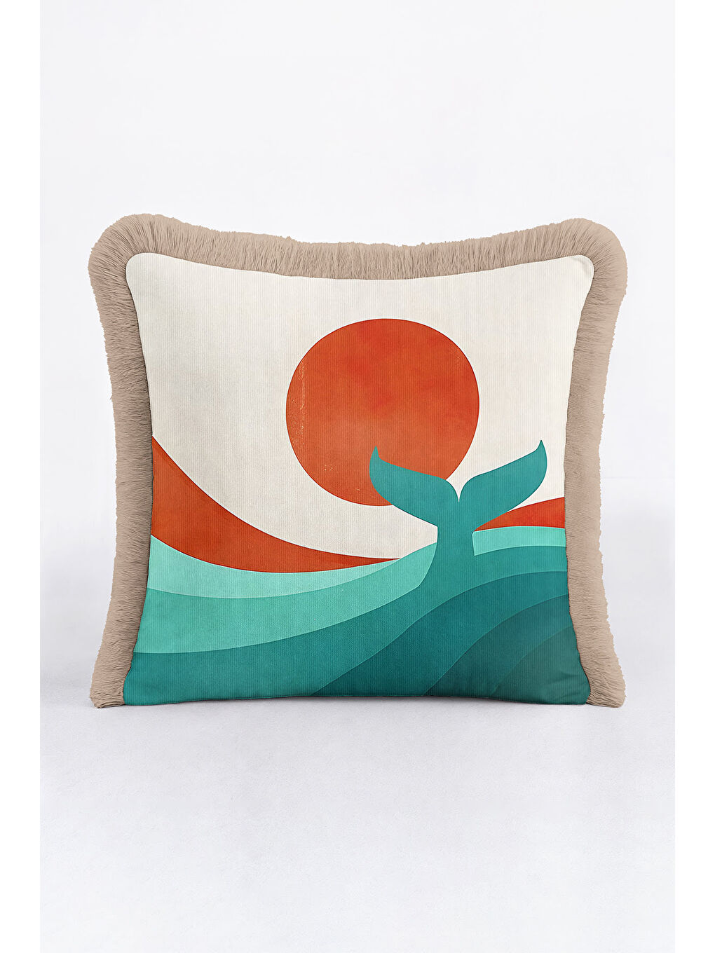 Karışık Soyut Doğal Dalgalar Saçaklı Yastık Kılıfı - Akdeniz Günbatımı Bohem Turkuaz Püsküllü Kırlent Kılıfı-3