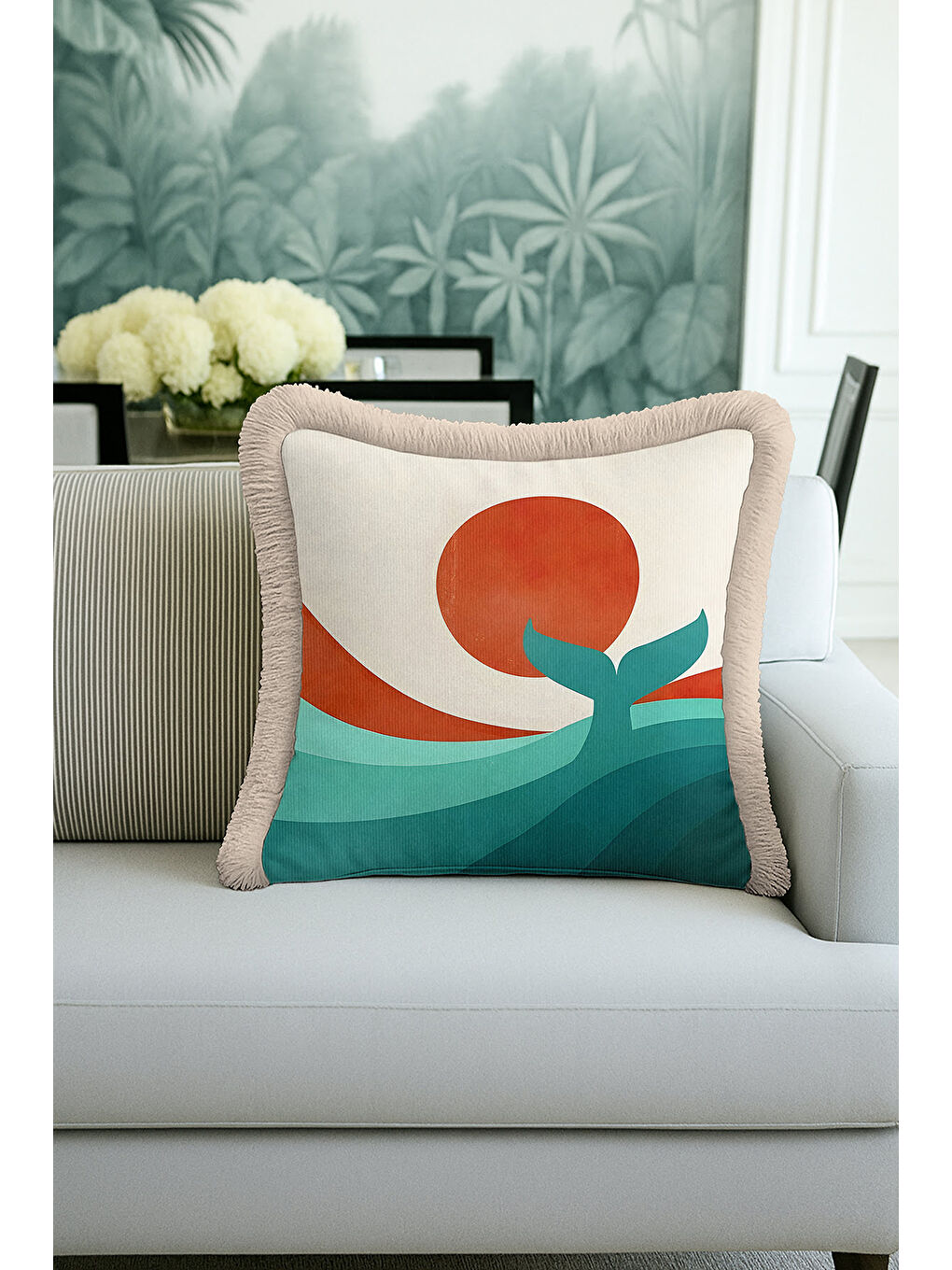 Karışık Soyut Doğal Dalgalar Saçaklı Yastık Kılıfı - Akdeniz Günbatımı Bohem Turkuaz Püsküllü Kırlent Kılıfı-4