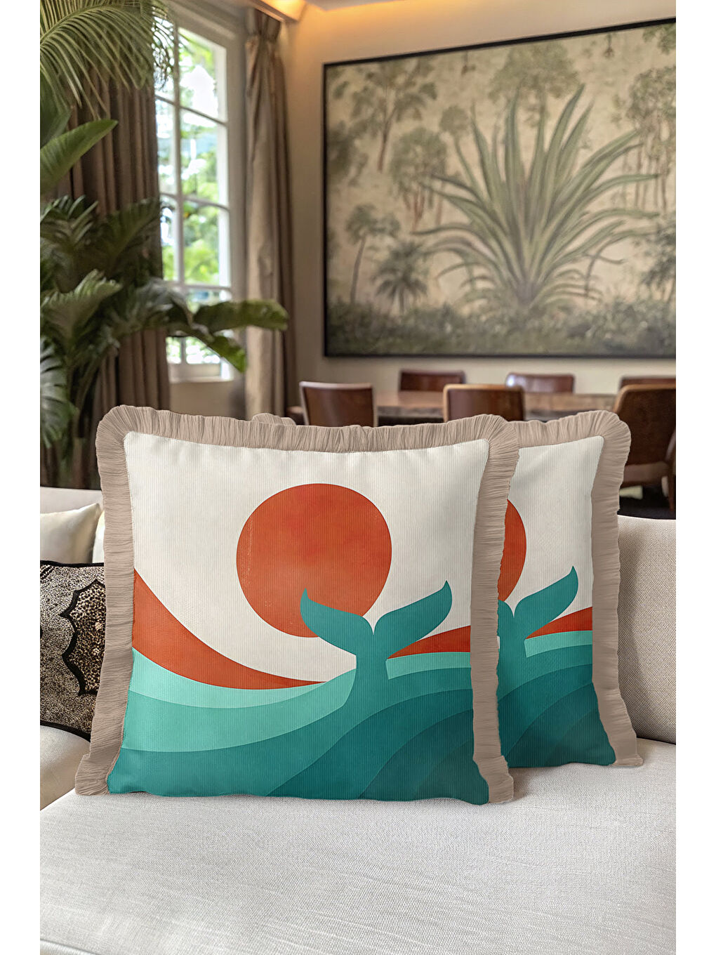 Karışık Soyut Doğal Dalgalar Saçaklı Yastık Kılıfı - Akdeniz Günbatımı Bohem Turkuaz Püsküllü Kırlent Kılıfı-5