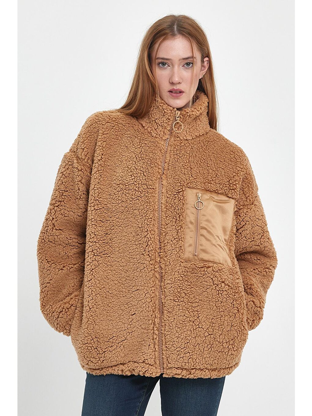 Kahverengi Göğüs Cepli Suni Yün Unisex Mont