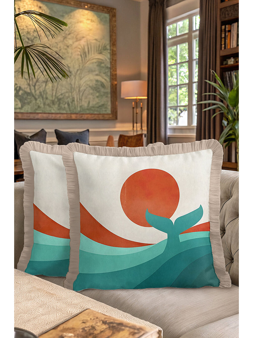 Karışık Soyut Doğal Dalgalar Saçaklı Yastık Kılıfı - Akdeniz Günbatımı Bohem Turkuaz Püsküllü Kırlent Kılıfı-7