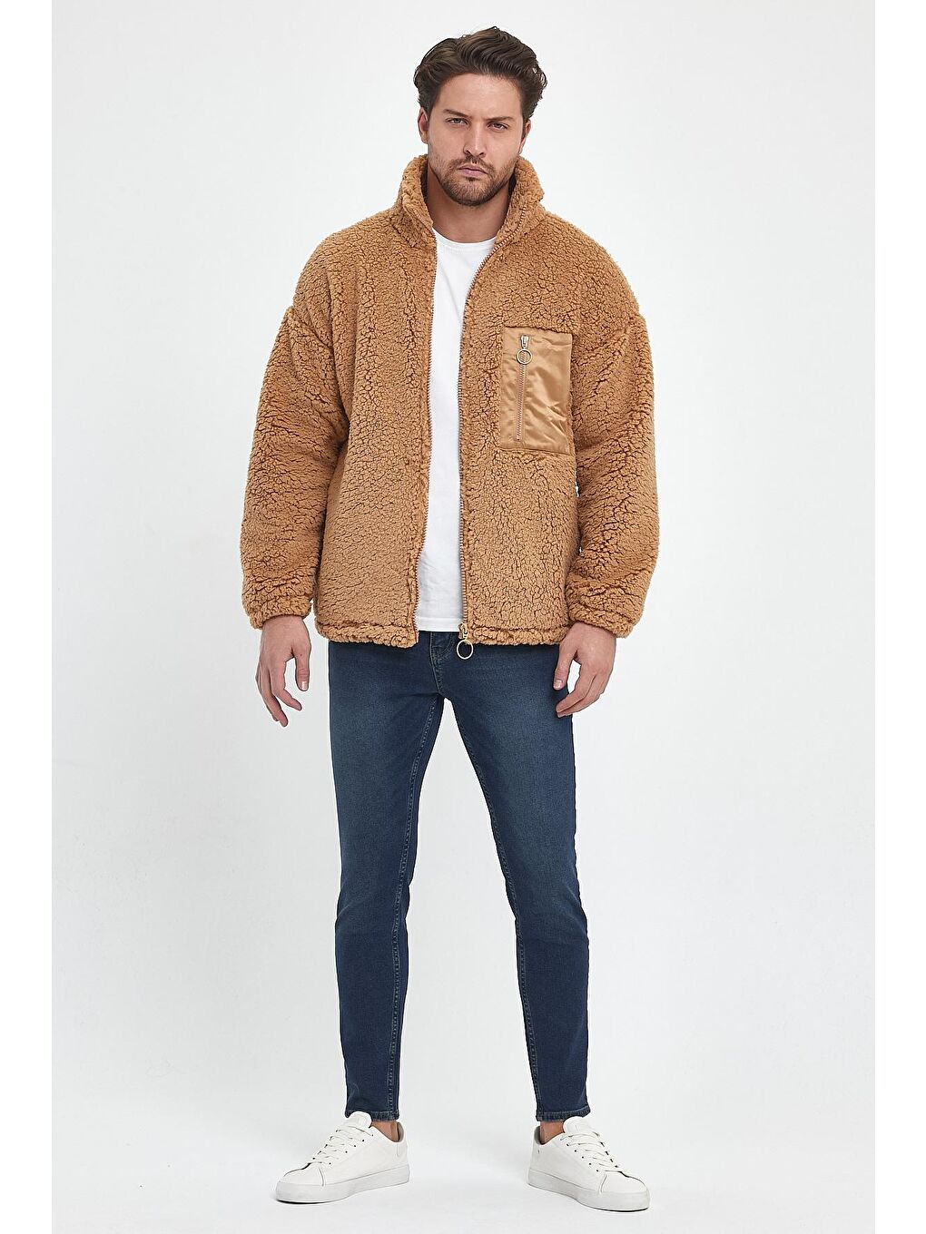 Kahverengi Göğüs Cepli Suni Yün Unisex Mont-1