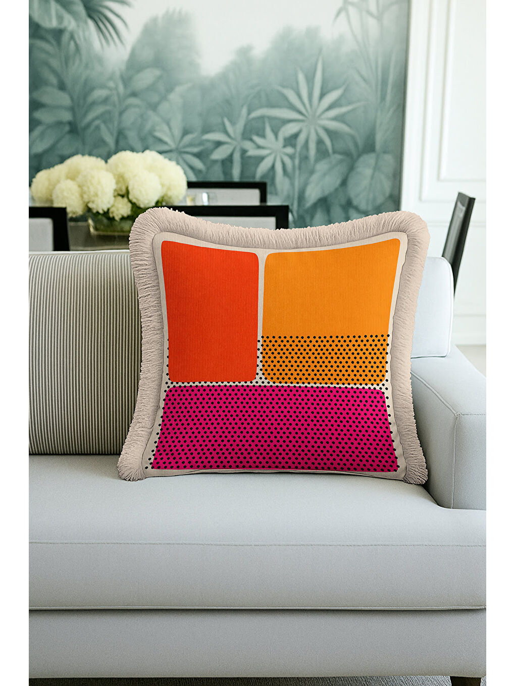 Karışık Pop Art Stil Saçaklı Yastık Kılıfı - Geometrik Retro Enerjik Fuşya Püsküllü Kırlent Kılıfı-1