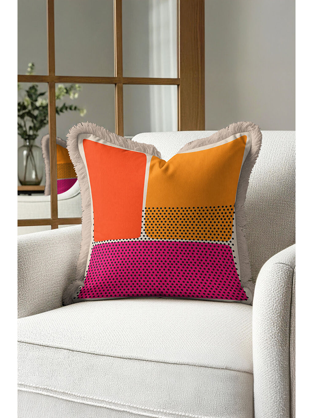 Karışık Pop Art Stil Saçaklı Yastık Kılıfı - Geometrik Retro Enerjik Fuşya Püsküllü Kırlent Kılıfı-2