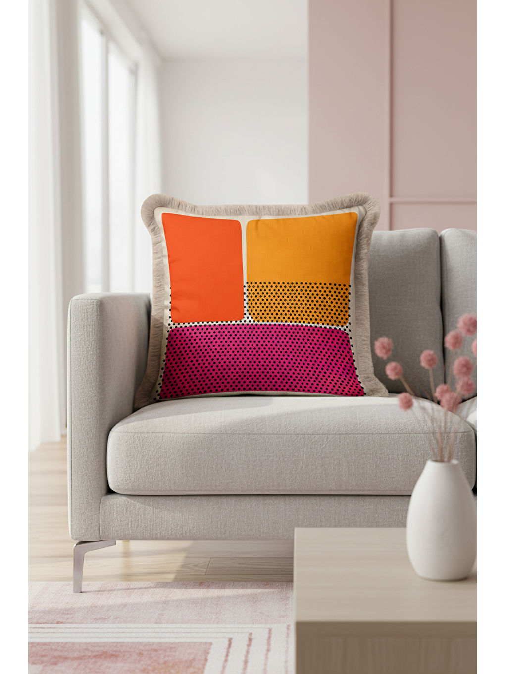 Karışık Pop Art Stil Saçaklı Yastık Kılıfı - Geometrik Retro Enerjik Fuşya Püsküllü Kırlent Kılıfı-4