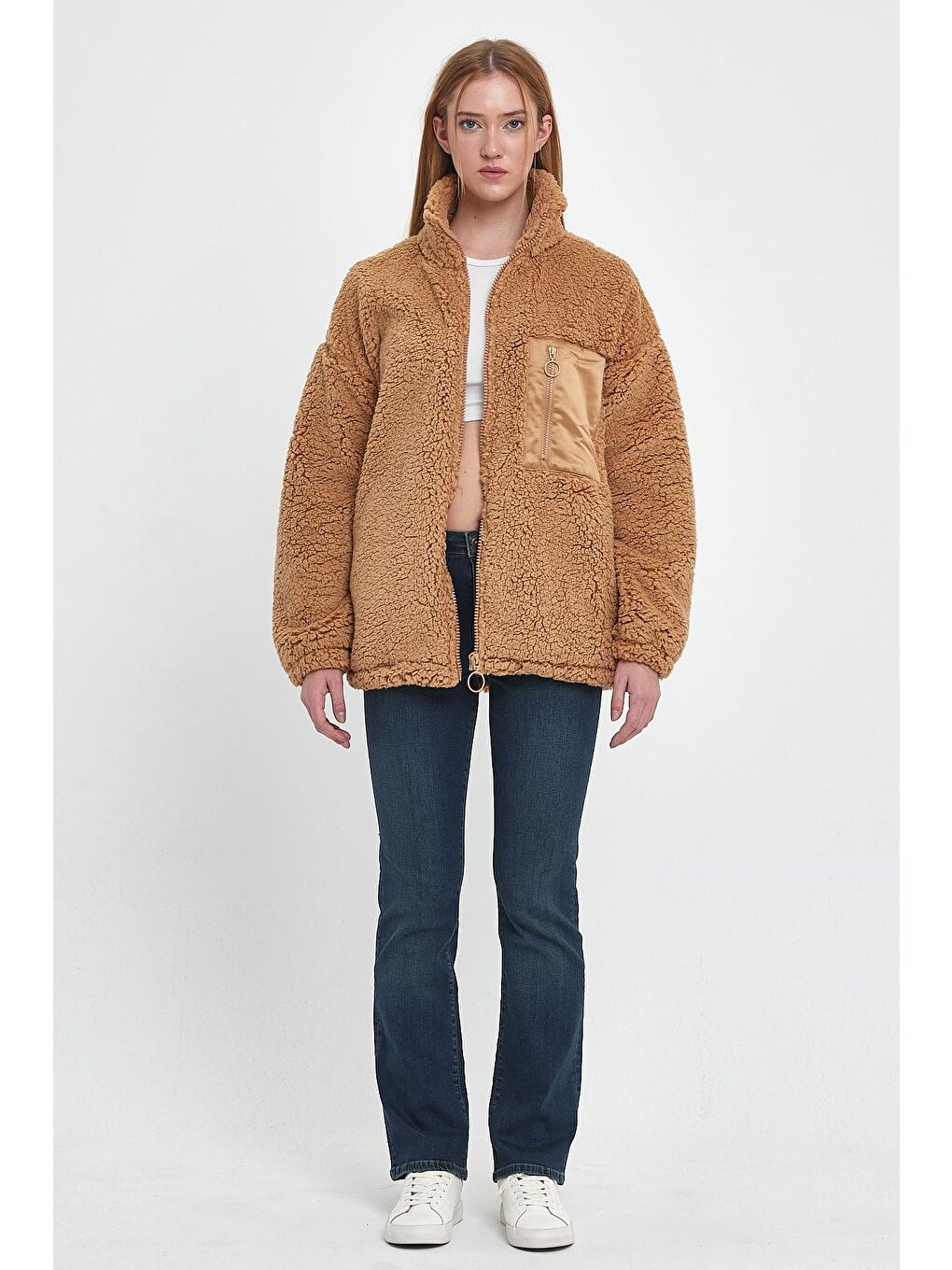 Kahverengi Göğüs Cepli Suni Yün Unisex Mont-2