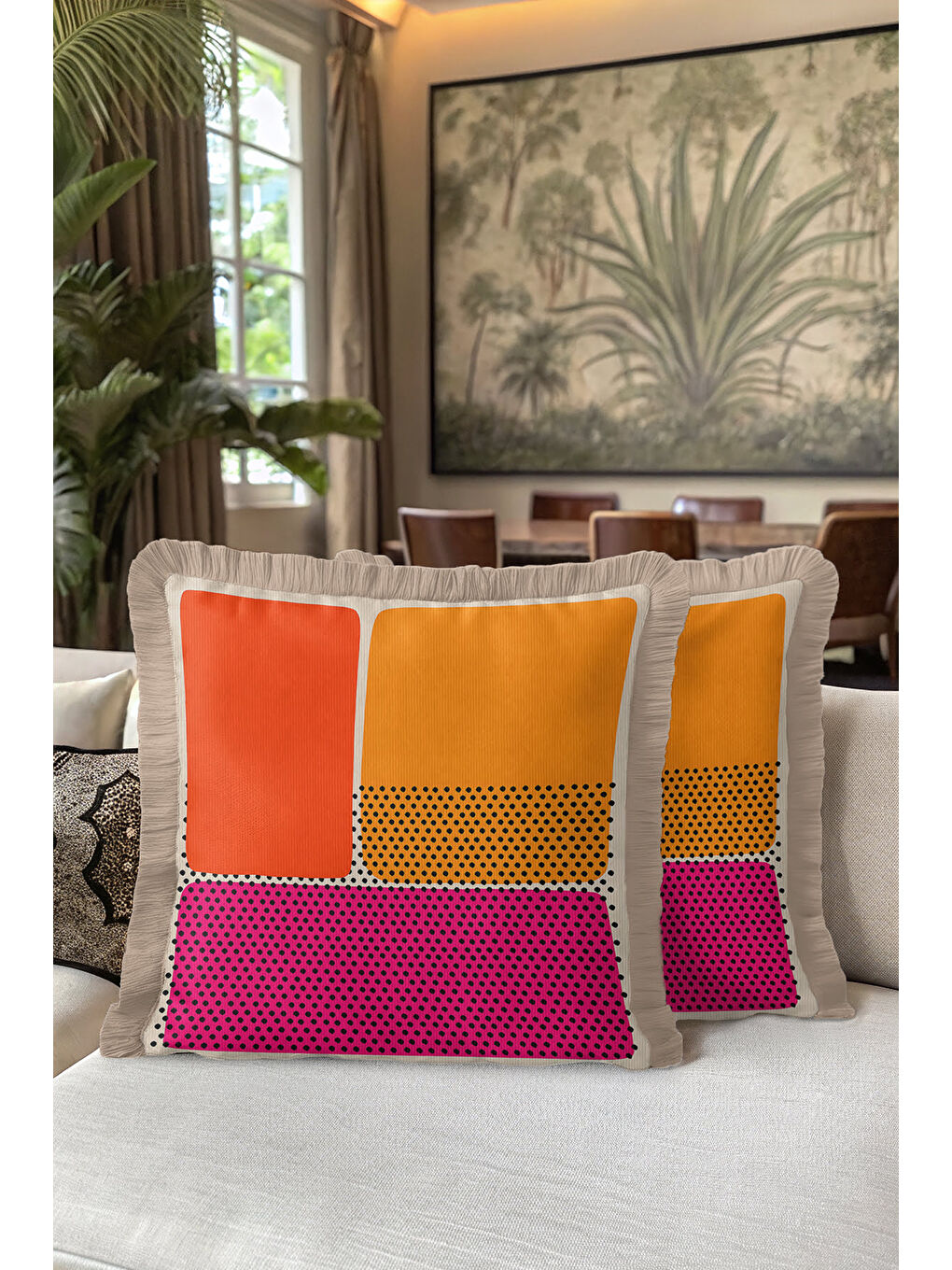 Karışık Pop Art Stil Saçaklı Yastık Kılıfı - Geometrik Retro Enerjik Fuşya Püsküllü Kırlent Kılıfı-5