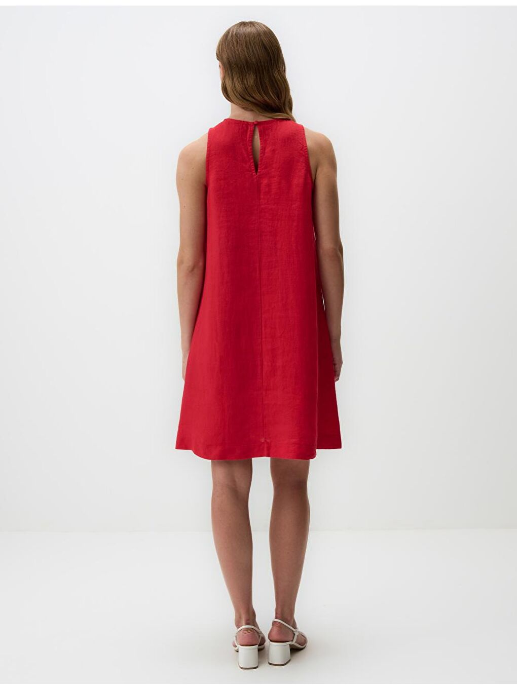 Kırmızı Düz Kesim Bisiklet Yaka Kolsuz Keten Elbise-5