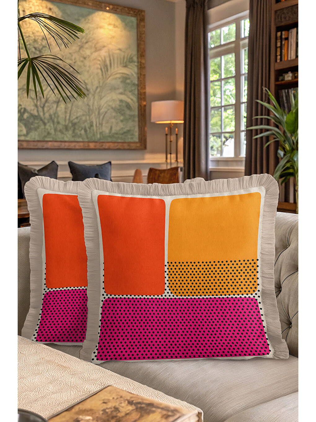 Karışık Pop Art Stil Saçaklı Yastık Kılıfı - Geometrik Retro Enerjik Fuşya Püsküllü Kırlent Kılıfı-7