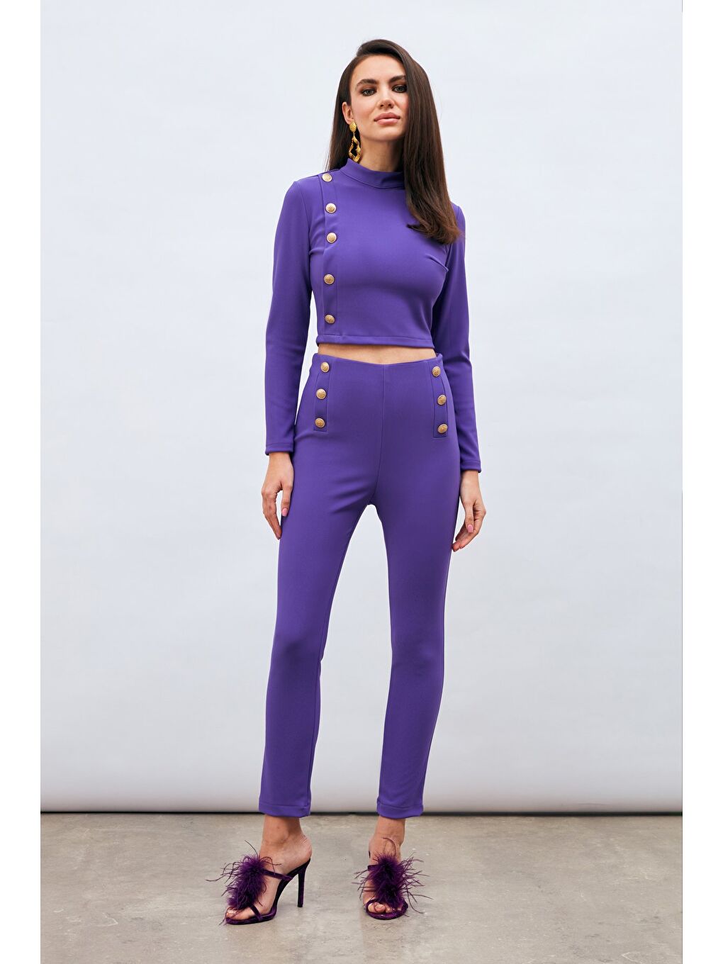 Düğme Detaylı Pantolon - Mor-1