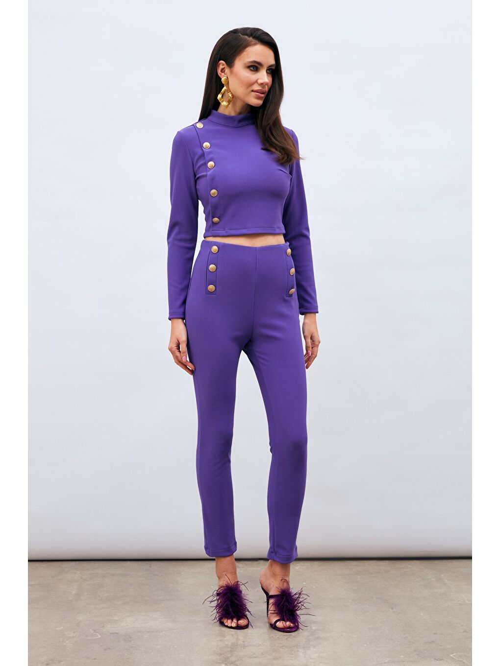 Düğme Detaylı Pantolon - Mor-2