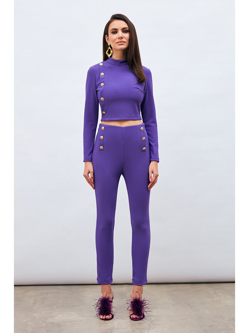Düğme Detaylı Pantolon - Mor-3
