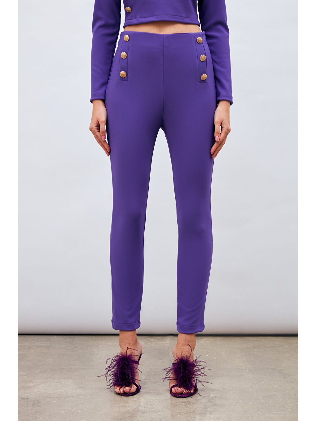 Düğme Detaylı Pantolon - Mor-5