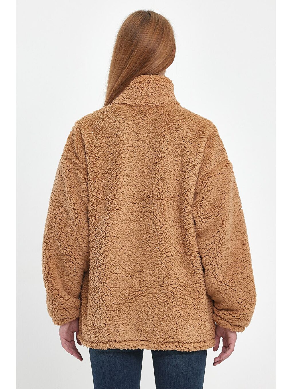 Kahverengi Göğüs Cepli Suni Yün Unisex Mont-3