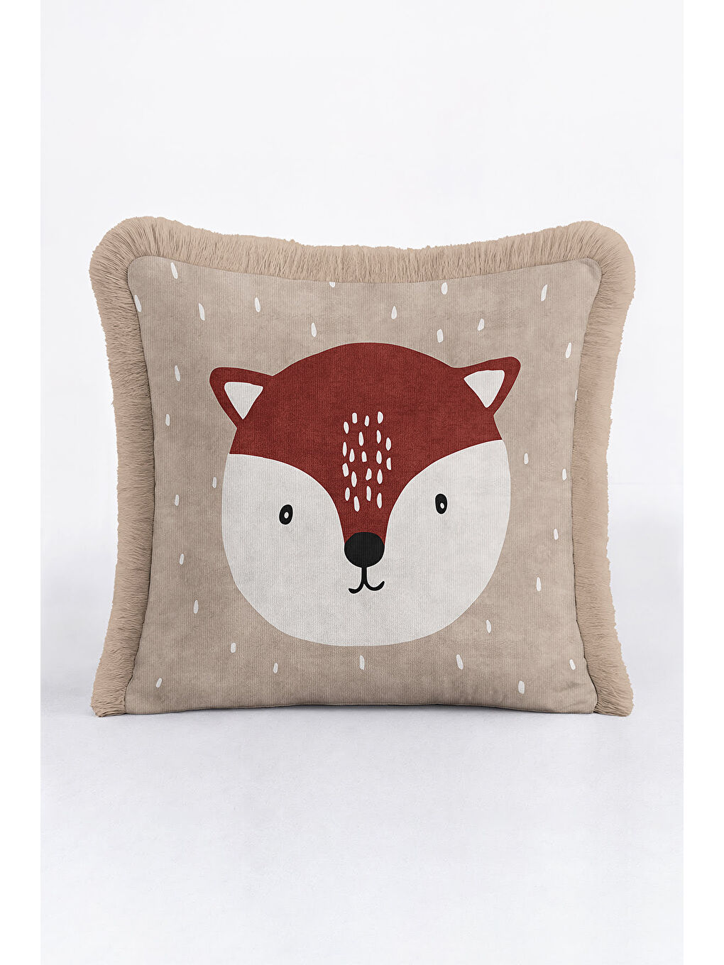 Karışık Nordik Tilki Figürlü Saçaklı Yastık Kılıfı - Çocuk Odası Doğal Bej Bohem Püsküllü Kırlent Kılıfı