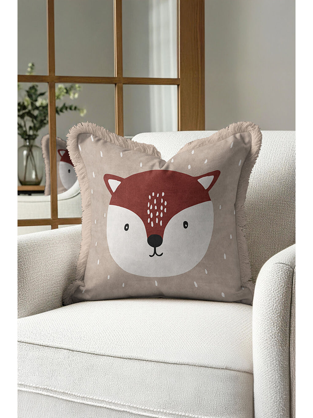 Karışık Nordik Tilki Figürlü Saçaklı Yastık Kılıfı - Çocuk Odası Doğal Bej Bohem Püsküllü Kırlent Kılıfı-1