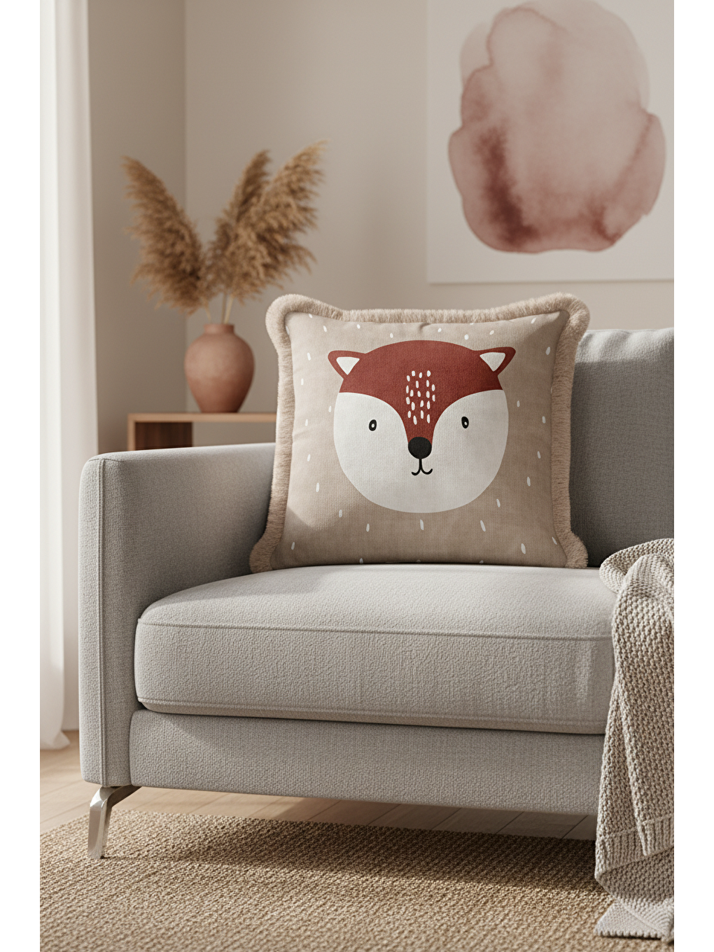 Karışık Nordik Tilki Figürlü Saçaklı Yastık Kılıfı - Çocuk Odası Doğal Bej Bohem Püsküllü Kırlent Kılıfı-2