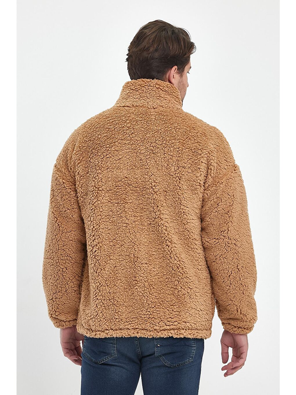 Kahverengi Göğüs Cepli Suni Yün Unisex Mont-4