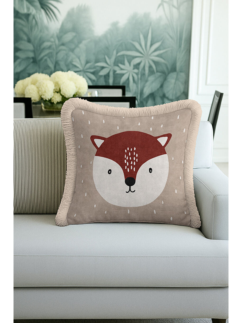 Karışık Nordik Tilki Figürlü Saçaklı Yastık Kılıfı - Çocuk Odası Doğal Bej Bohem Püsküllü Kırlent Kılıfı-4