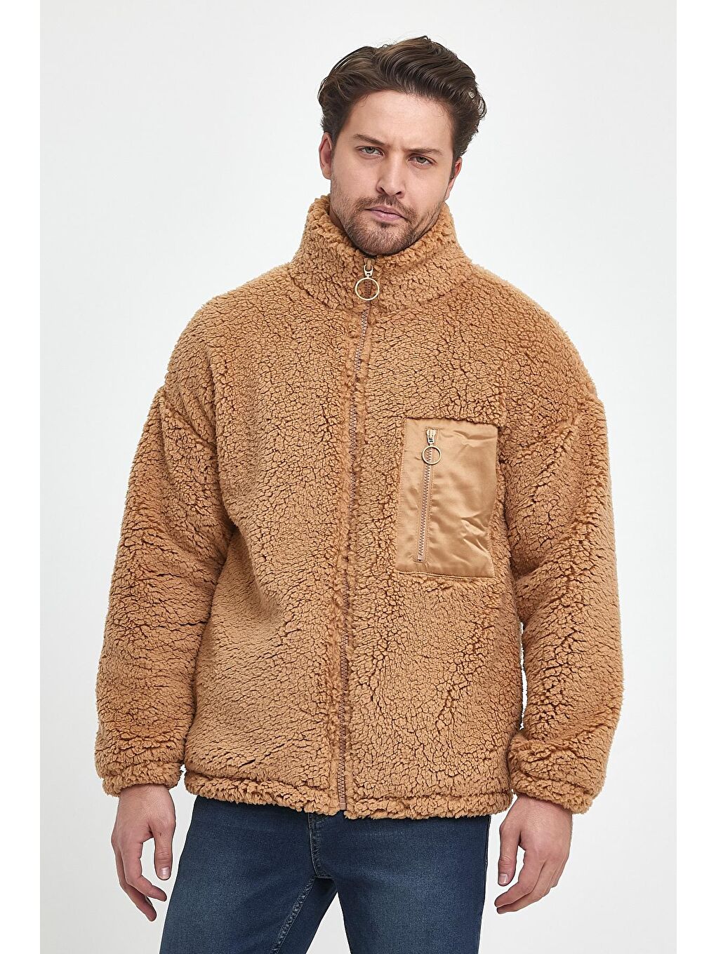 Kahverengi Göğüs Cepli Suni Yün Unisex Mont-5