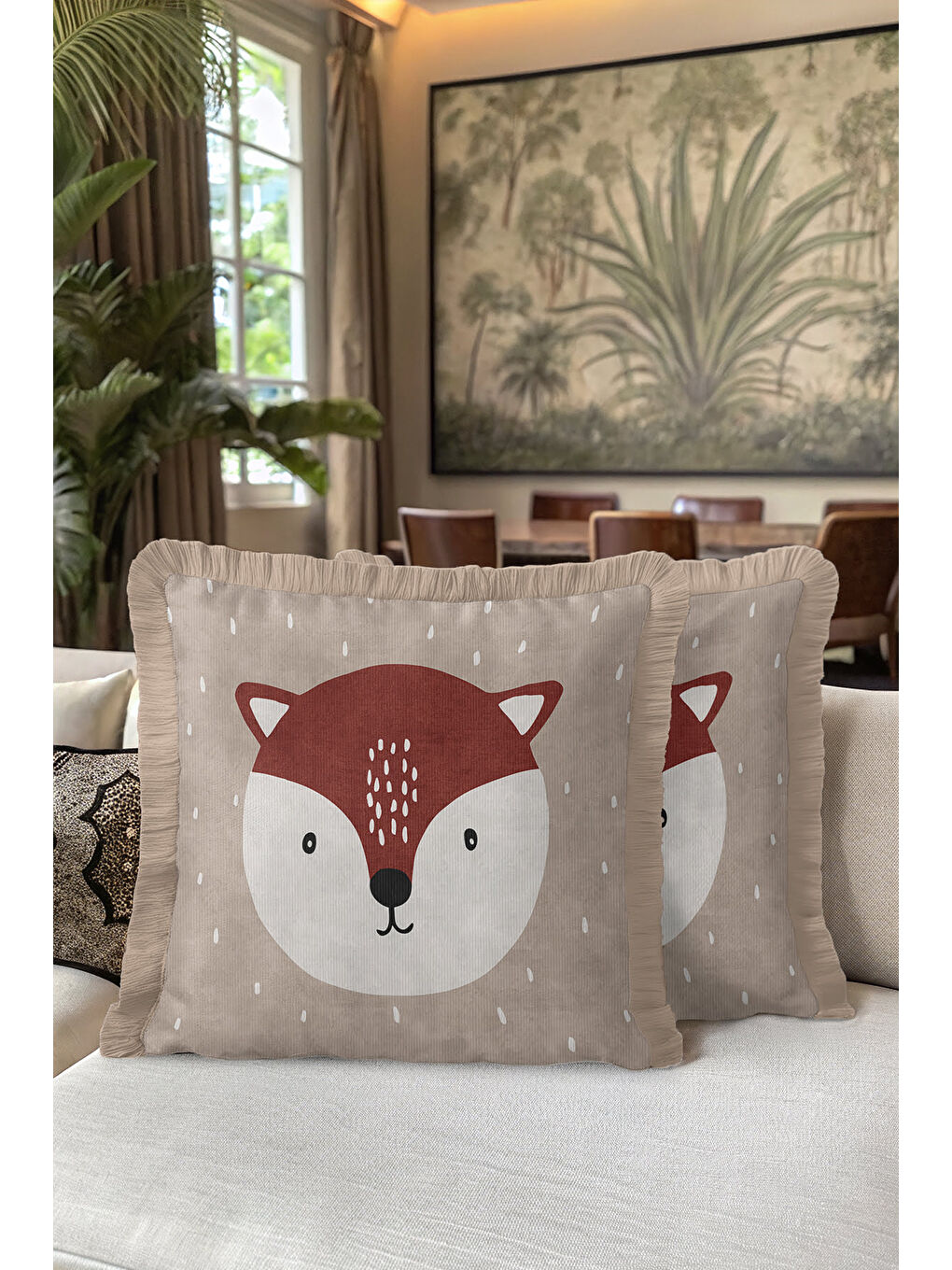 Karışık Nordik Tilki Figürlü Saçaklı Yastık Kılıfı - Çocuk Odası Doğal Bej Bohem Püsküllü Kırlent Kılıfı-5