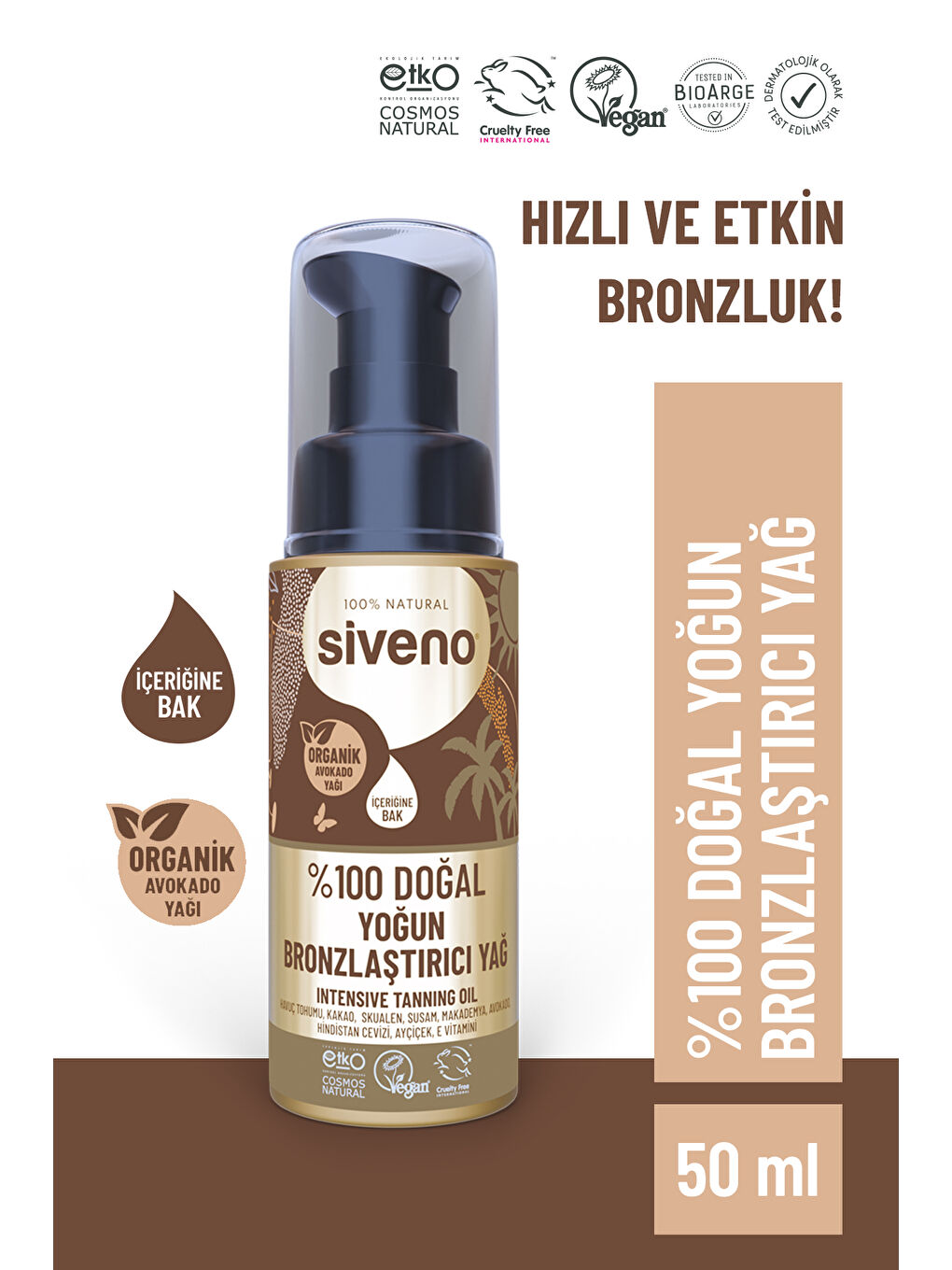 %100 Doğal Bronzlaştırıcı Yağ Organik Avokado Yağı Nemlendirici Yoğun Bronzlaştırıcı 50 ml