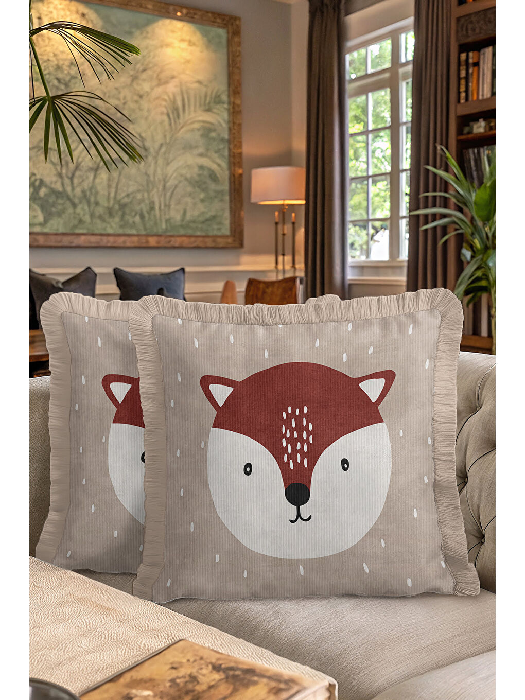 Karışık Nordik Tilki Figürlü Saçaklı Yastık Kılıfı - Çocuk Odası Doğal Bej Bohem Püsküllü Kırlent Kılıfı-7