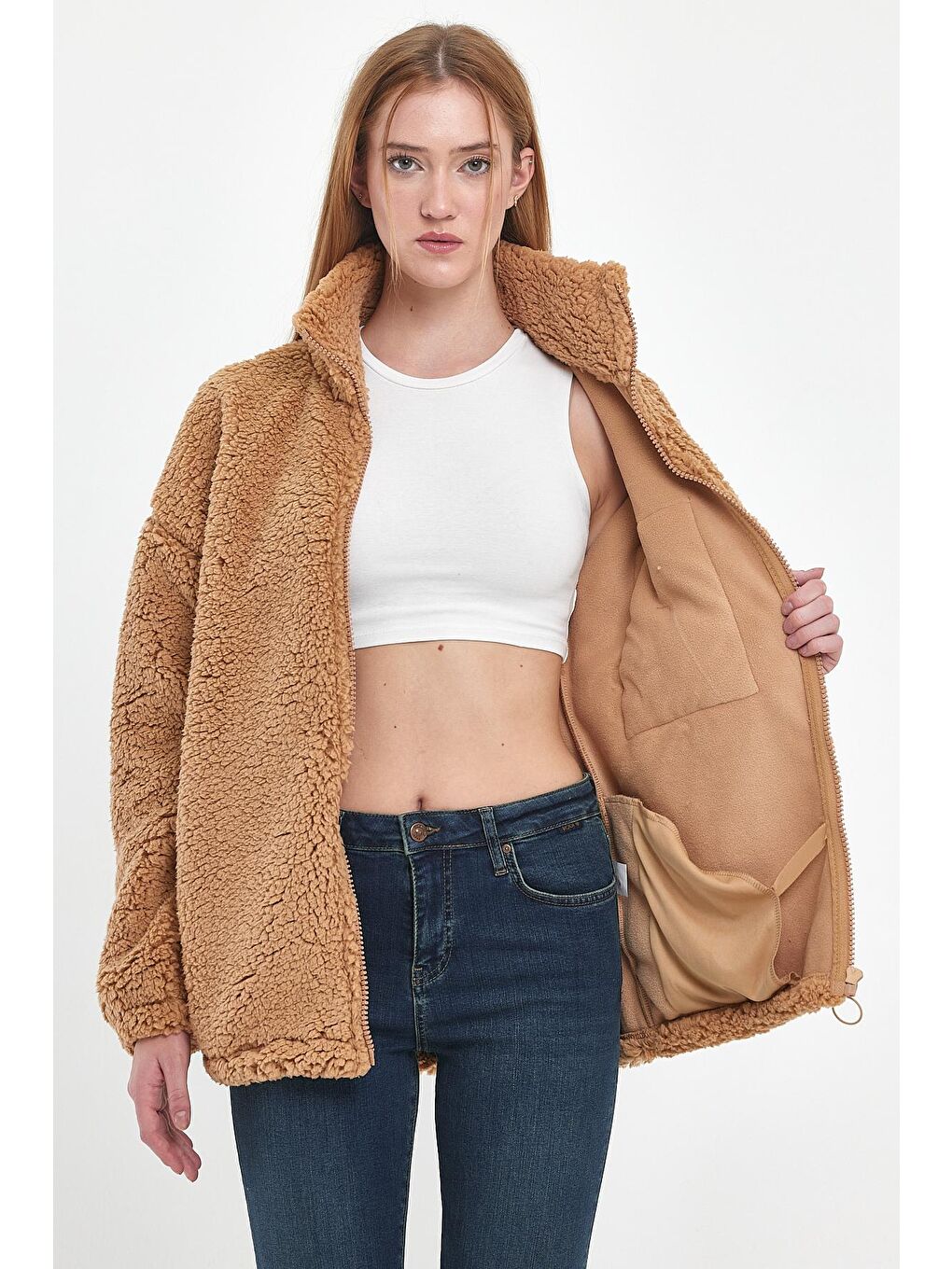 Kahverengi Göğüs Cepli Suni Yün Unisex Mont-6