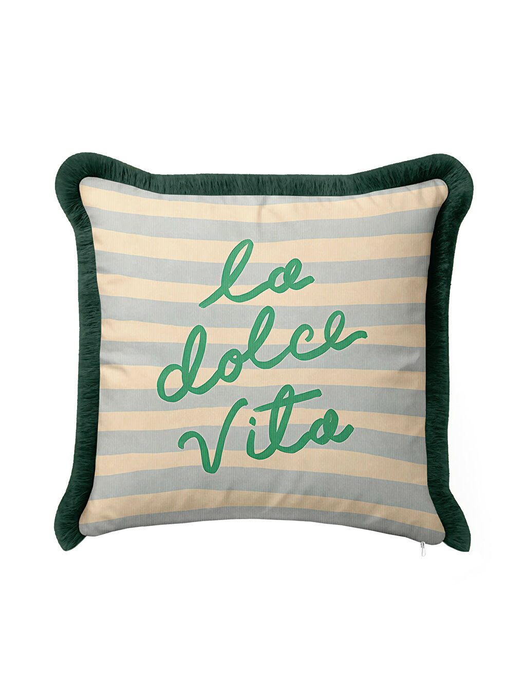 Karışık İtalyan Şıklığı Saçaklı Yastık Kılıfı - Çizgili Bohem Yeşil Krem Püsküllü Kırlent Kılıfı