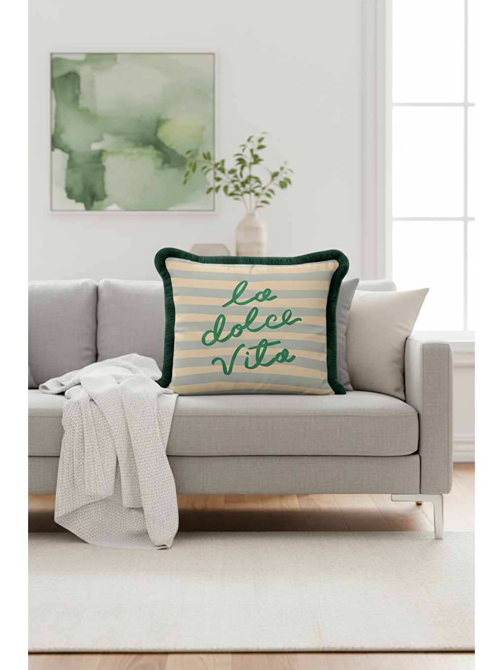 Karışık İtalyan Şıklığı Saçaklı Yastık Kılıfı - Çizgili Bohem Yeşil Krem Püsküllü Kırlent Kılıfı-1