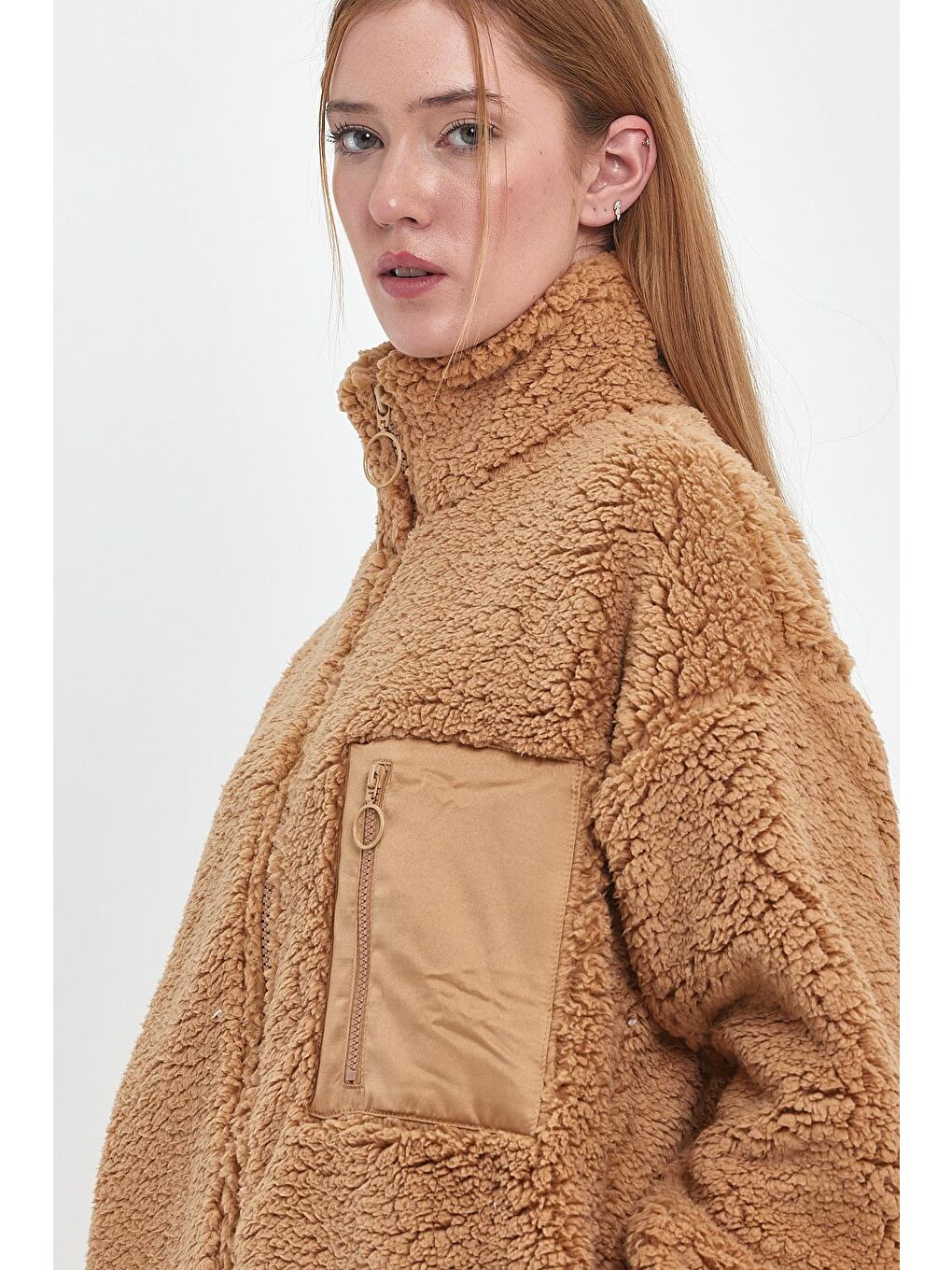 Kahverengi Göğüs Cepli Suni Yün Unisex Mont-7