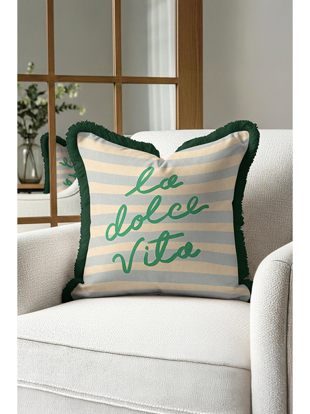 Karışık İtalyan Şıklığı Saçaklı Yastık Kılıfı - Çizgili Bohem Yeşil Krem Püsküllü Kırlent Kılıfı-2