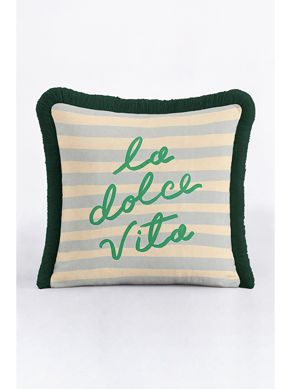 Karışık İtalyan Şıklığı Saçaklı Yastık Kılıfı - Çizgili Bohem Yeşil Krem Püsküllü Kırlent Kılıfı-3