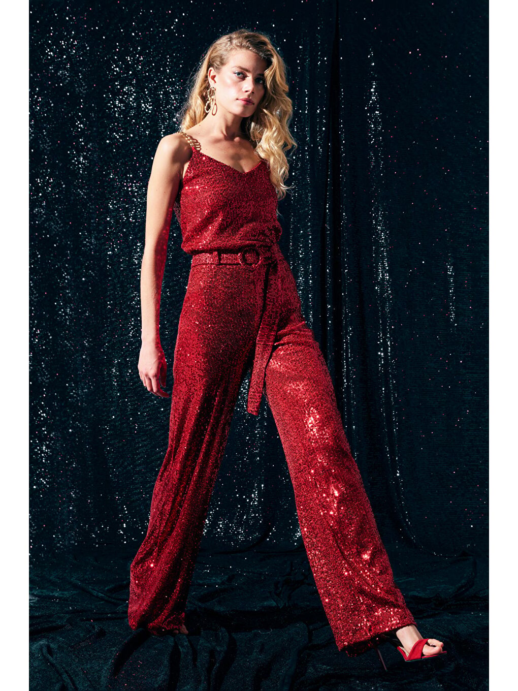 Kemerli Payet Pantolon - Kırmızı