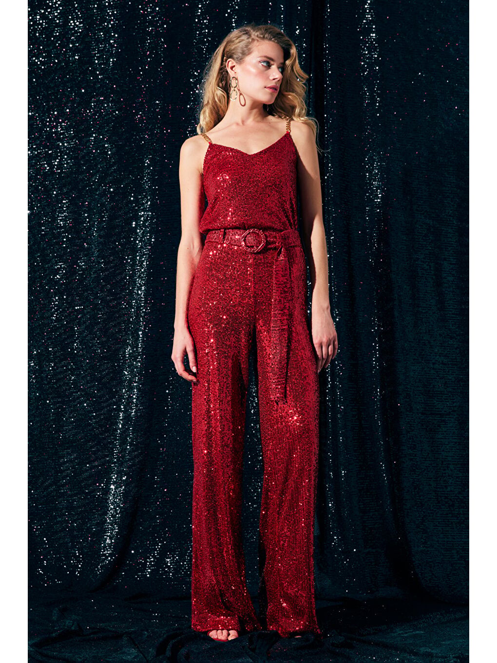 Kemerli Payet Pantolon - Kırmızı-1