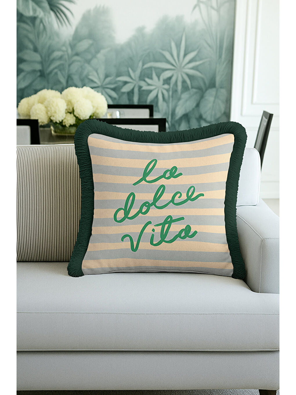 Karışık İtalyan Şıklığı Saçaklı Yastık Kılıfı - Çizgili Bohem Yeşil Krem Püsküllü Kırlent Kılıfı-4