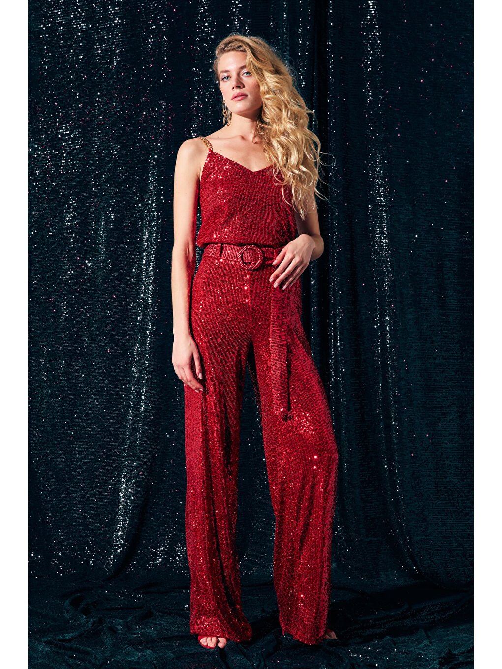 Kemerli Payet Pantolon - Kırmızı-2